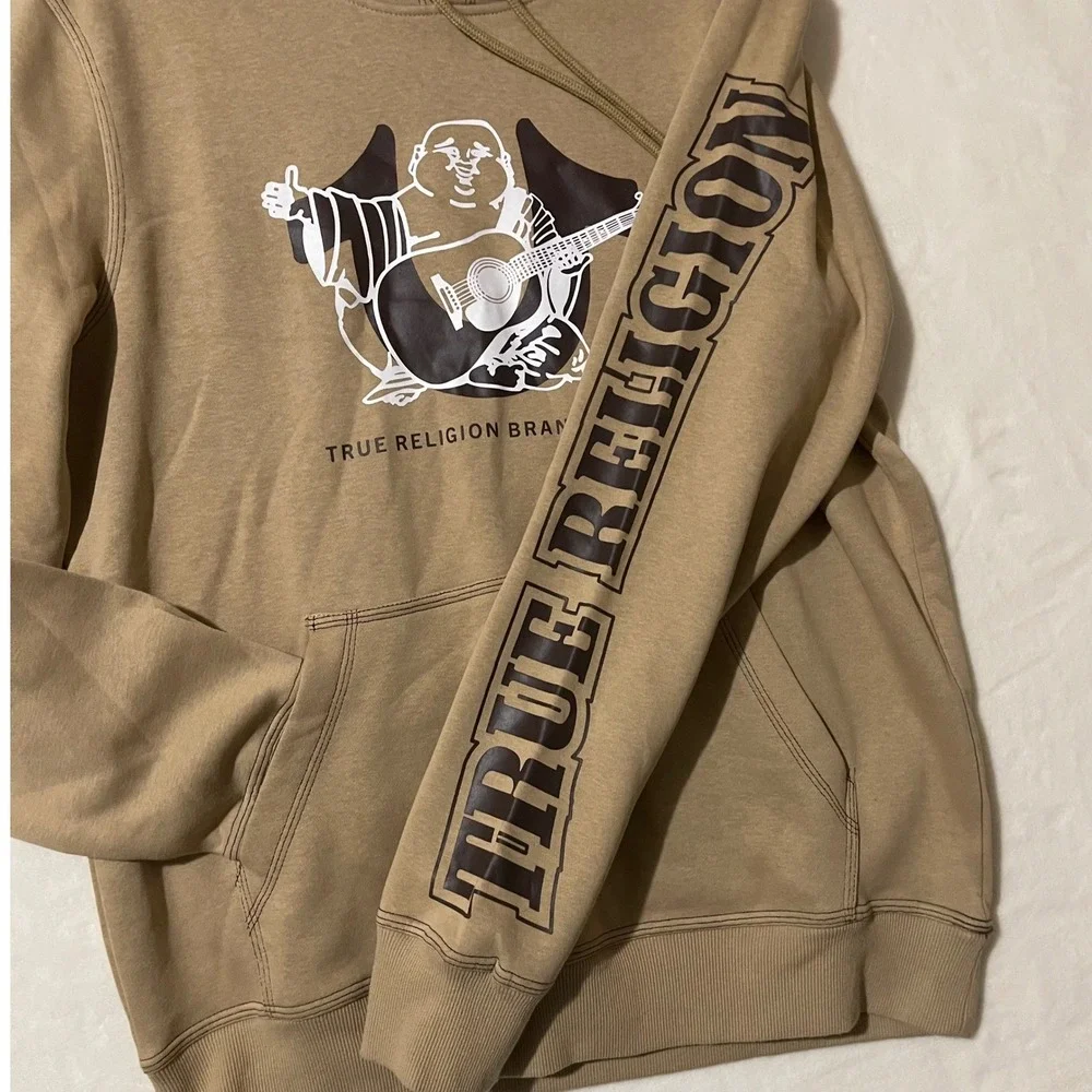 True Religion Mens Travertine Tan Buddha Graphic Pullover Hoodie Medium New‎